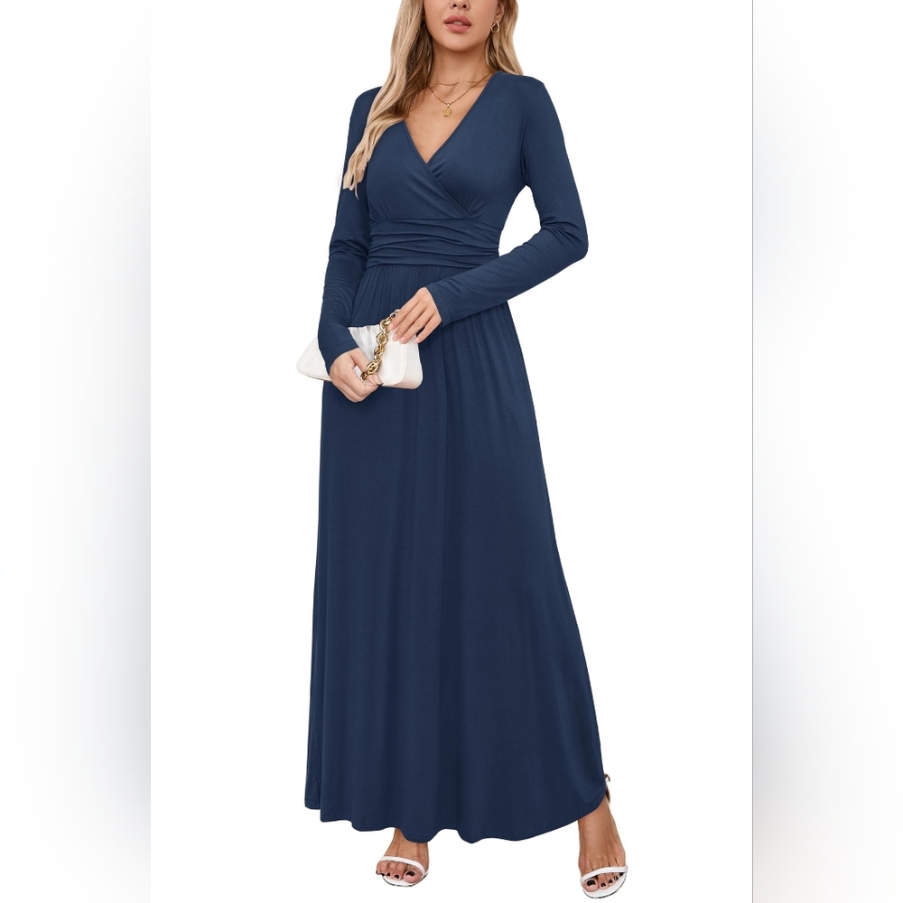 New! Long Sleeve V-Neck Wrap Waist Maxi Dress, Navy Blue, Pockets, S